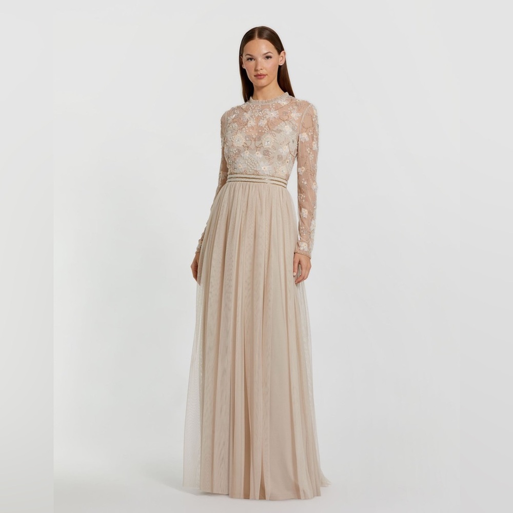 MAC DUGGAL 9132 Womens Embellished Illusion High Neck Long Sleeve Gown Dress